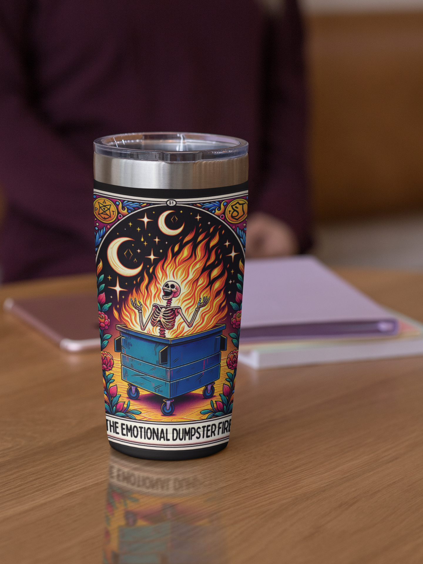 The Emotional Dumpster Fire Tarot Card Tumbler, Occult coffee tarot card tumbler, The Emotional Dumpster Fire Tarot tumbler