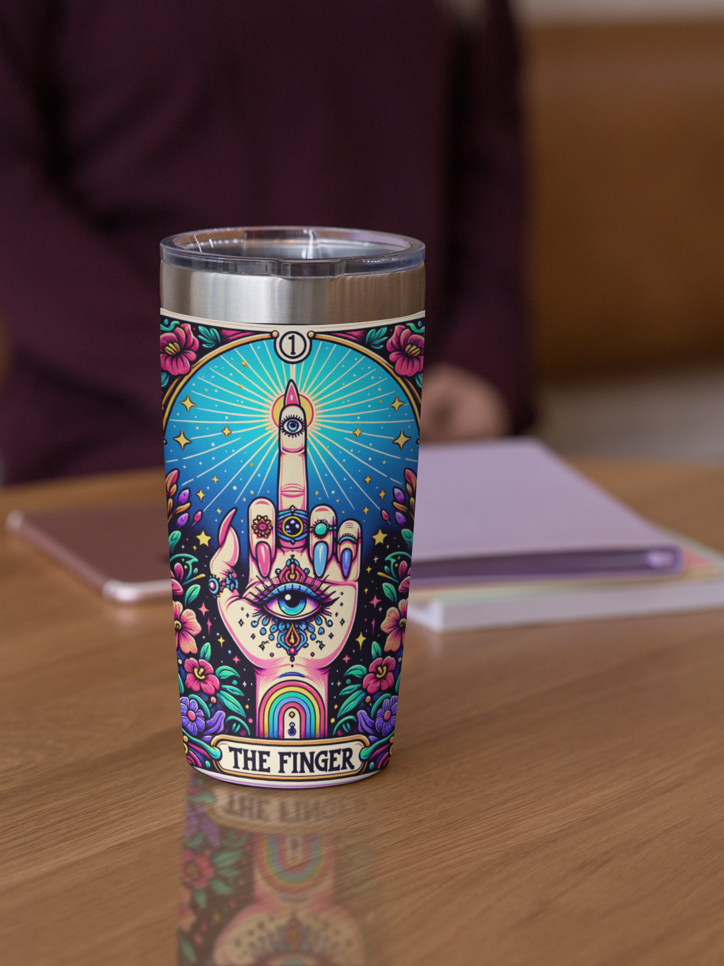 The Finger Tarot Card Tumbler, Occult coffee tarot card tumbler, The Finger Tarot tumbler, middle finger tarot card tumbler