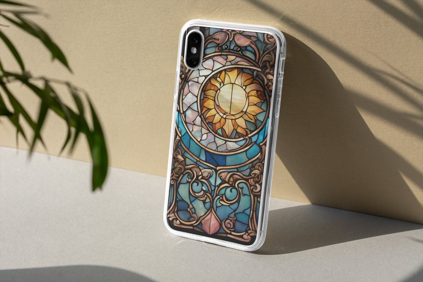 Artistic Moon & Floral Phone Case - Tough Cases,   Celestial Glass Stained design  Phone case for iPhone and Samsung, Glass Stained Crescent Moon iPhone and Samsung Phone Case