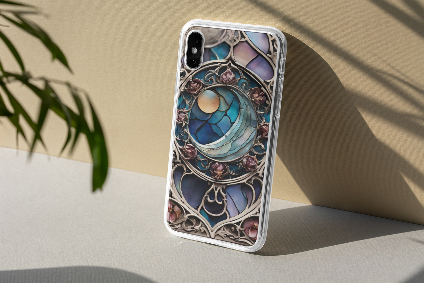 Artistic Moon & Floral Phone Case - Tough Cases,   Celestial Glass Stained design  Phone case for iPhone and Samsung, Glass Stained Crescent Moon iPhone and Samsung Phone Case