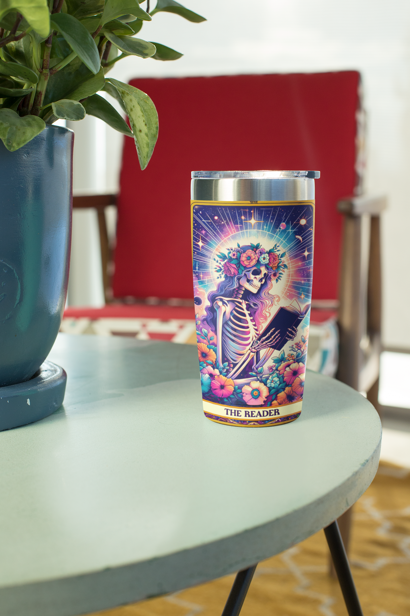 Celestial Garden 20oz Tumbler - Colorful Floral & Skeleton Design, The Reader Tarot Card Tumbler, Celestial Tumbler, Book Reader Tumbler