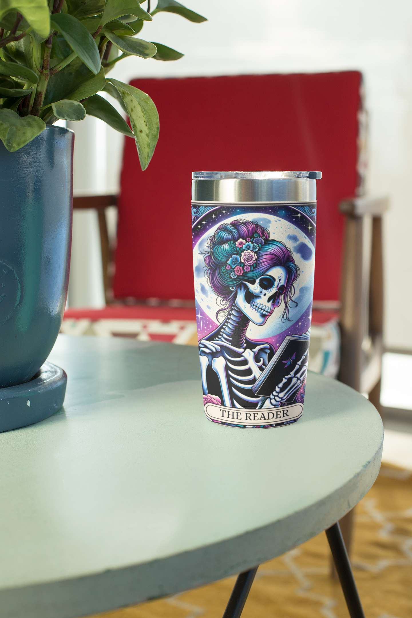 Cosmic Skeleton 20oz Tumbler - The Reader Tarot Card Tumbler, Celestial Book Reader Tumbler, Cosmic Book Reader Tumbler