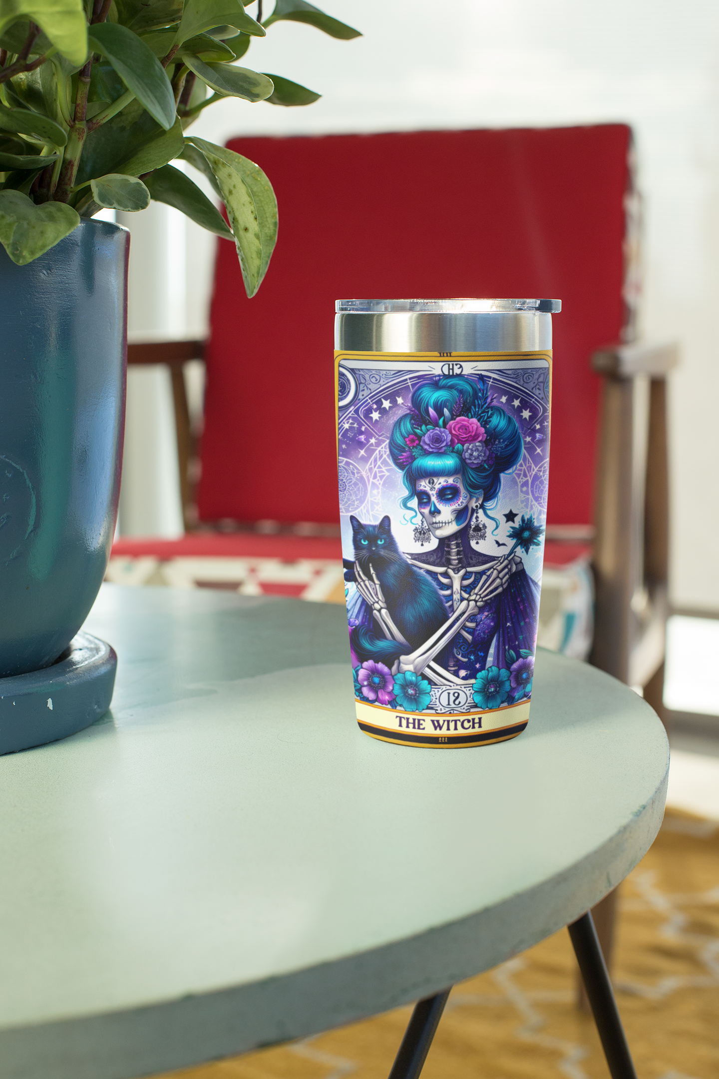 The Witch Tarot Card Tumbler, Cosmic Day of the Dead Style Tumbler, Witch Tumbler for Halloween, Celestial Tumbler