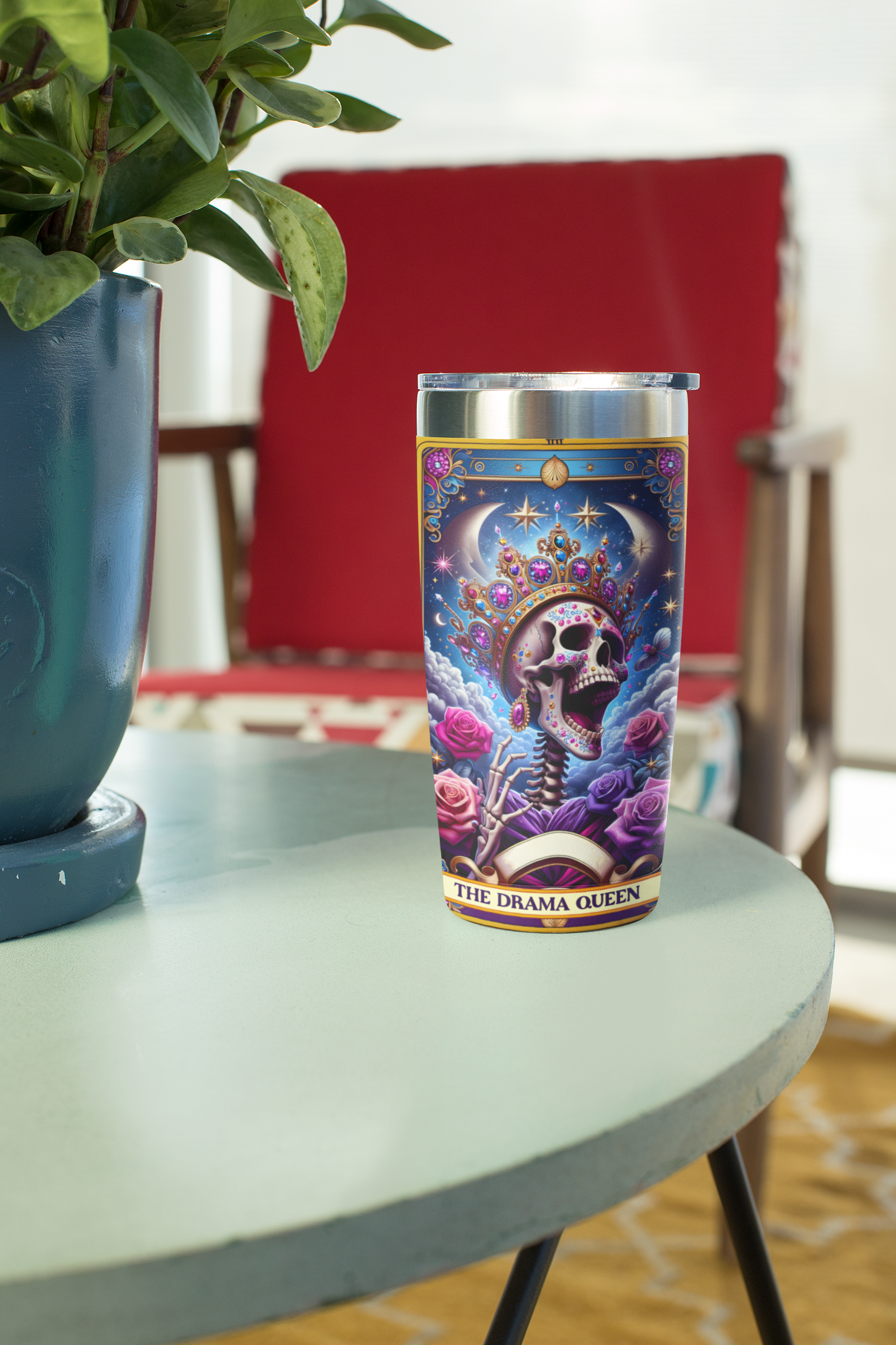 Colorful Day of the Dead Tumbler - 20oz Travel Mug with Rose and Skull Design, The Drama Queen Tarot Card Tumbler, Drama Queen Tumbler