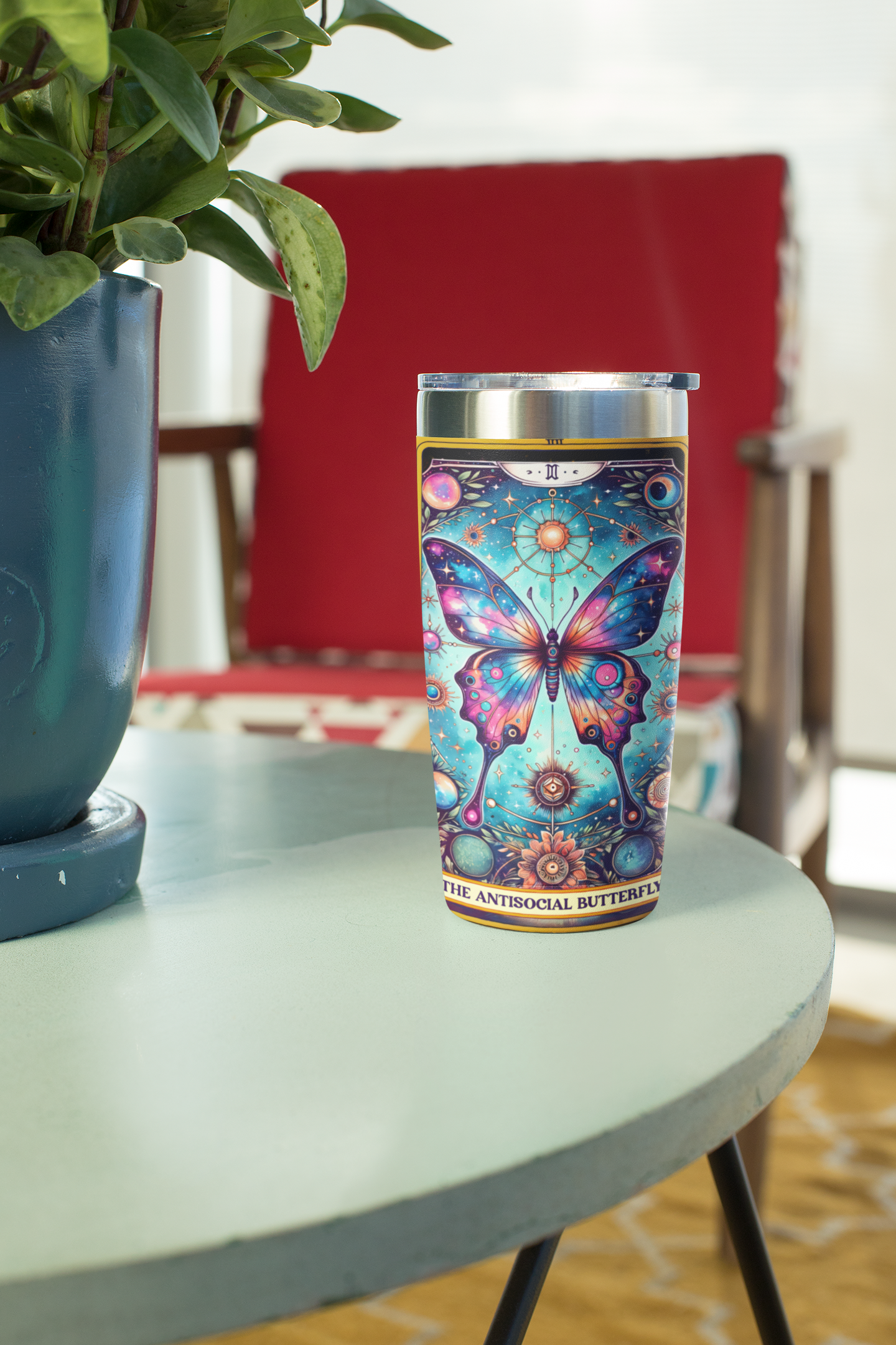 Cosmic Butterfly Tumbler 20oz - Artistic Travel Mug for Nature Lovers, Anti-Social Butterfly Tarot Card Tumbler, Butterfly Tumbler,