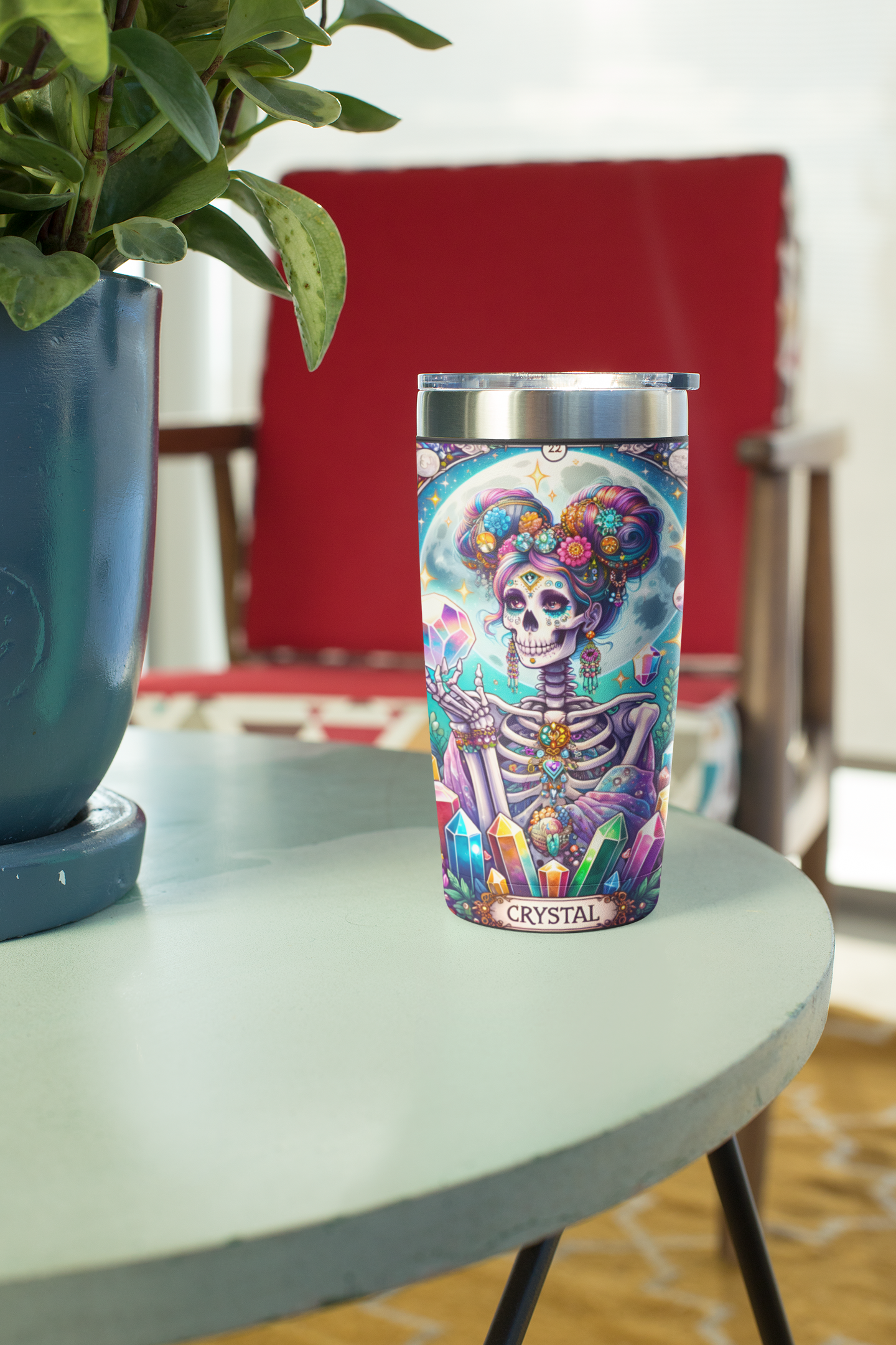 Vibrant Crystal Skeleton 20oz Tumbler - Colorful Travel Mug for Gift Giving & Everyday Use, Crystal Tarot Card Tumbler, Tumbler for Crystal Lover, The Crystal Collector Tumbler