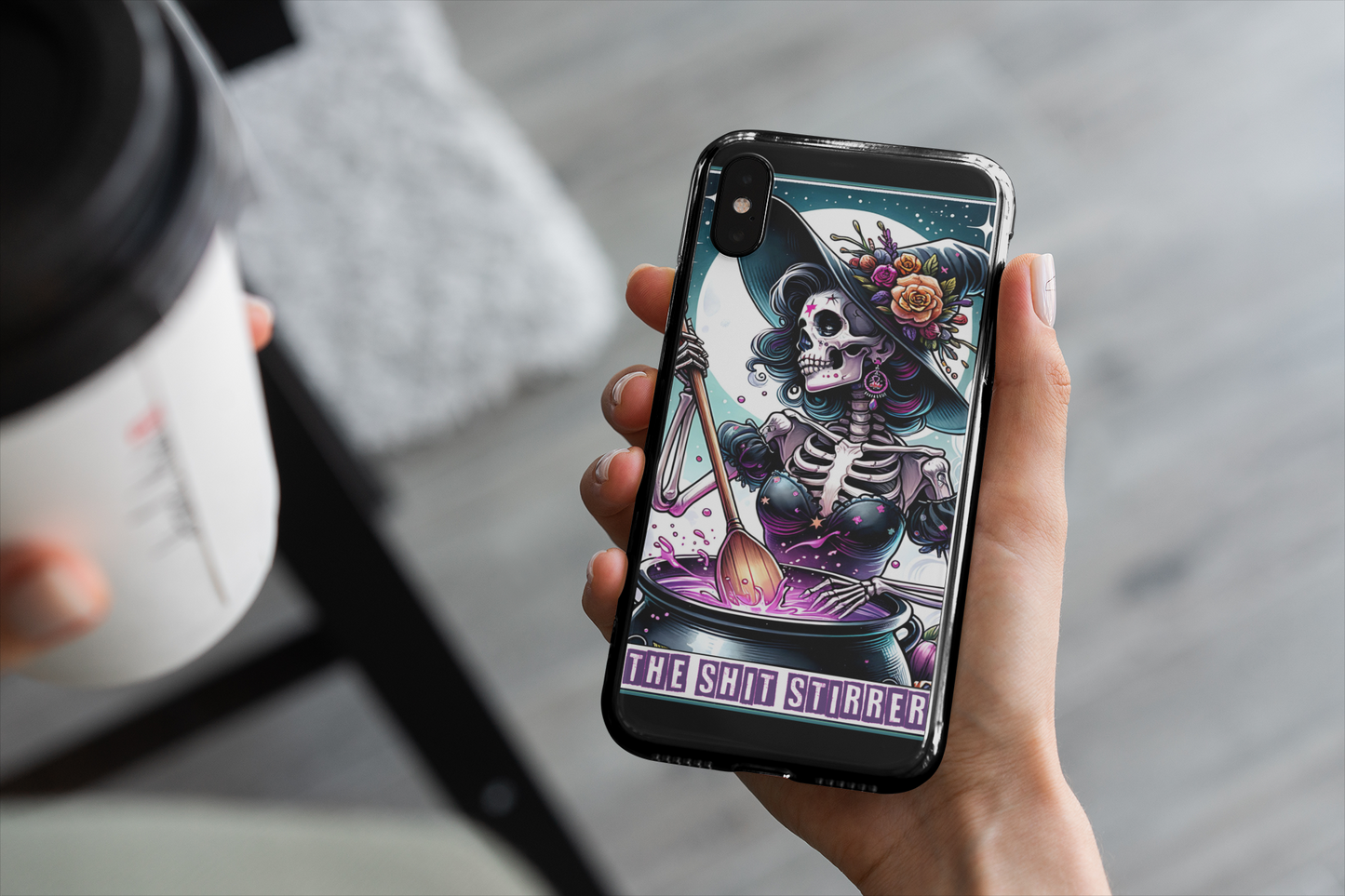 Gothic Phone Case - 'The Shit Stirrer' Skeleton Design for Halloween Lovers, The Shit Stirrer Tarot Card Phone Case, Witchy Phone for iPhone and Samsung