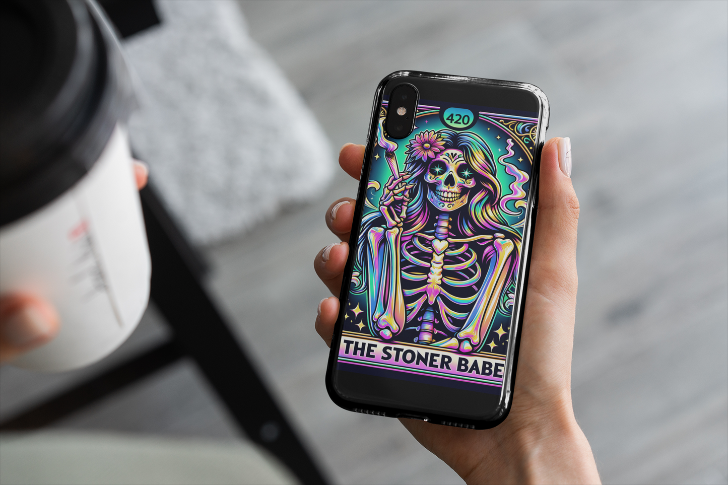 Stoner Babe Phone Case - Colorful Skeleton Design for Funky Vibes, 420 Babe Phone Case, Stoner Babe Tarot Card Phone Case, Weed Smoker Phone Case for her