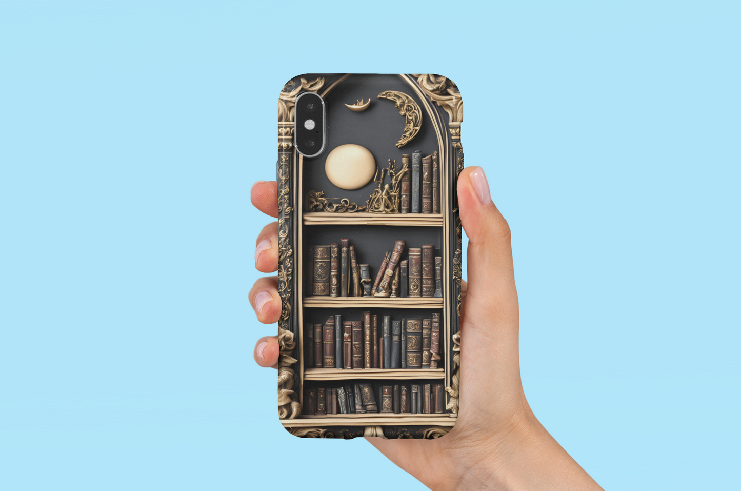 Gothic Bookshelf Phone Case, Gothic Library Crescent Moon Phone Case, Gothic Book Phone Case for Google, iPhone, and Samsung