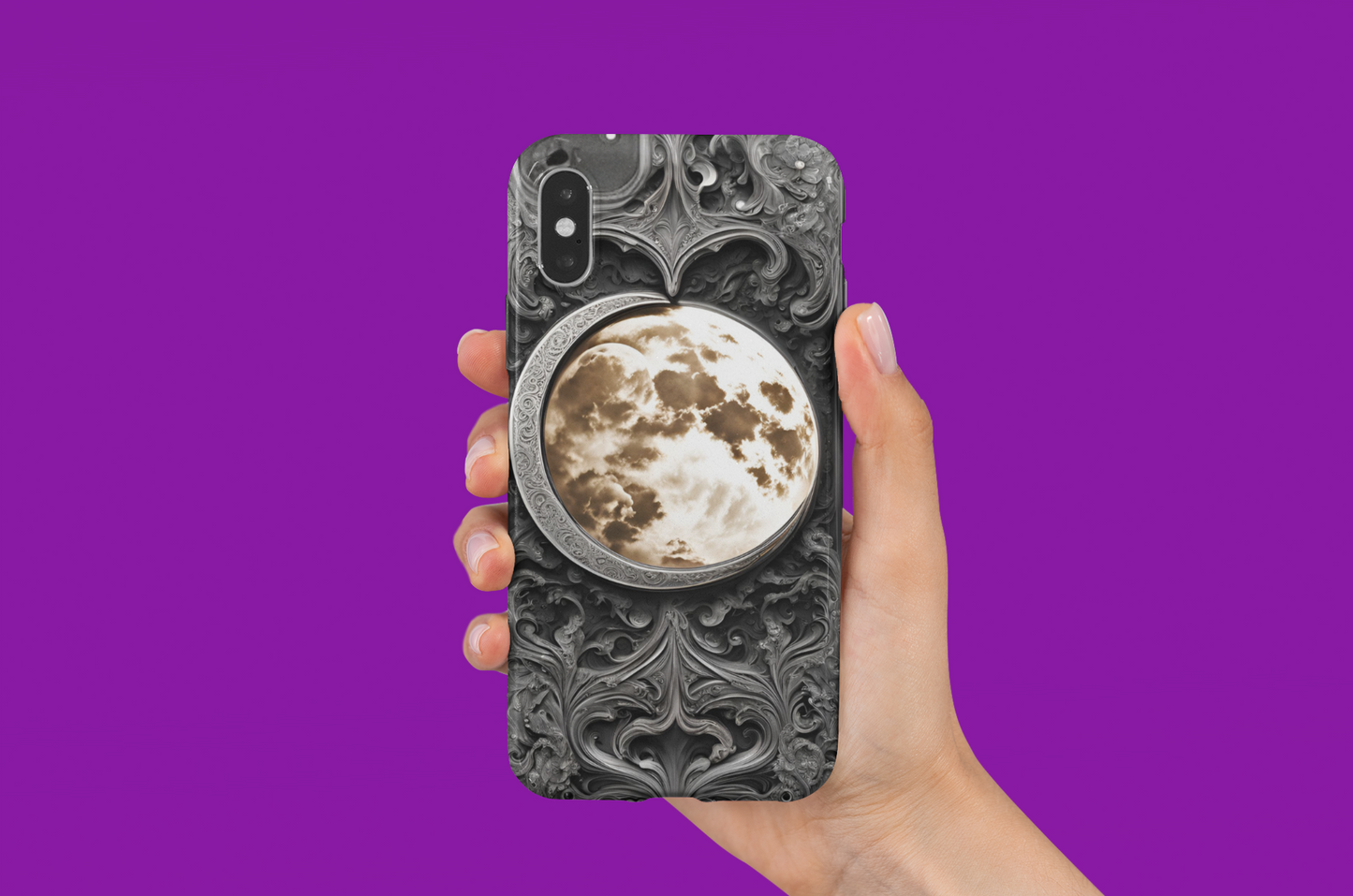 Celestial Crescent Moon Phone Case with Gothic Design, Gothic Style Crescent Moon Phone Case,  Crescent Moon Phone Case for Google, iPhone, and Samsung