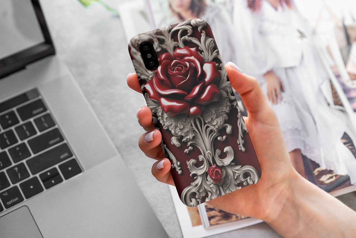 Elegant gothic red rose design tough phone case for iPhone and Samsung, Gothic Victorian Style Phone Case, Goth Red Rose Phone Case