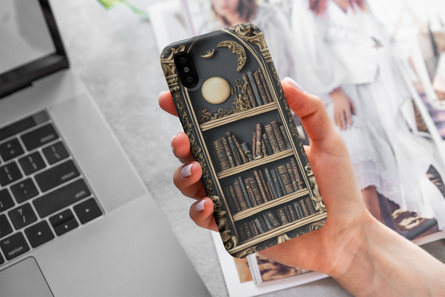 Gothic Bookshelf Phone Case, Gothic Library Crescent Moon Phone Case, Gothic Book Phone Case for Google, iPhone, and Samsung