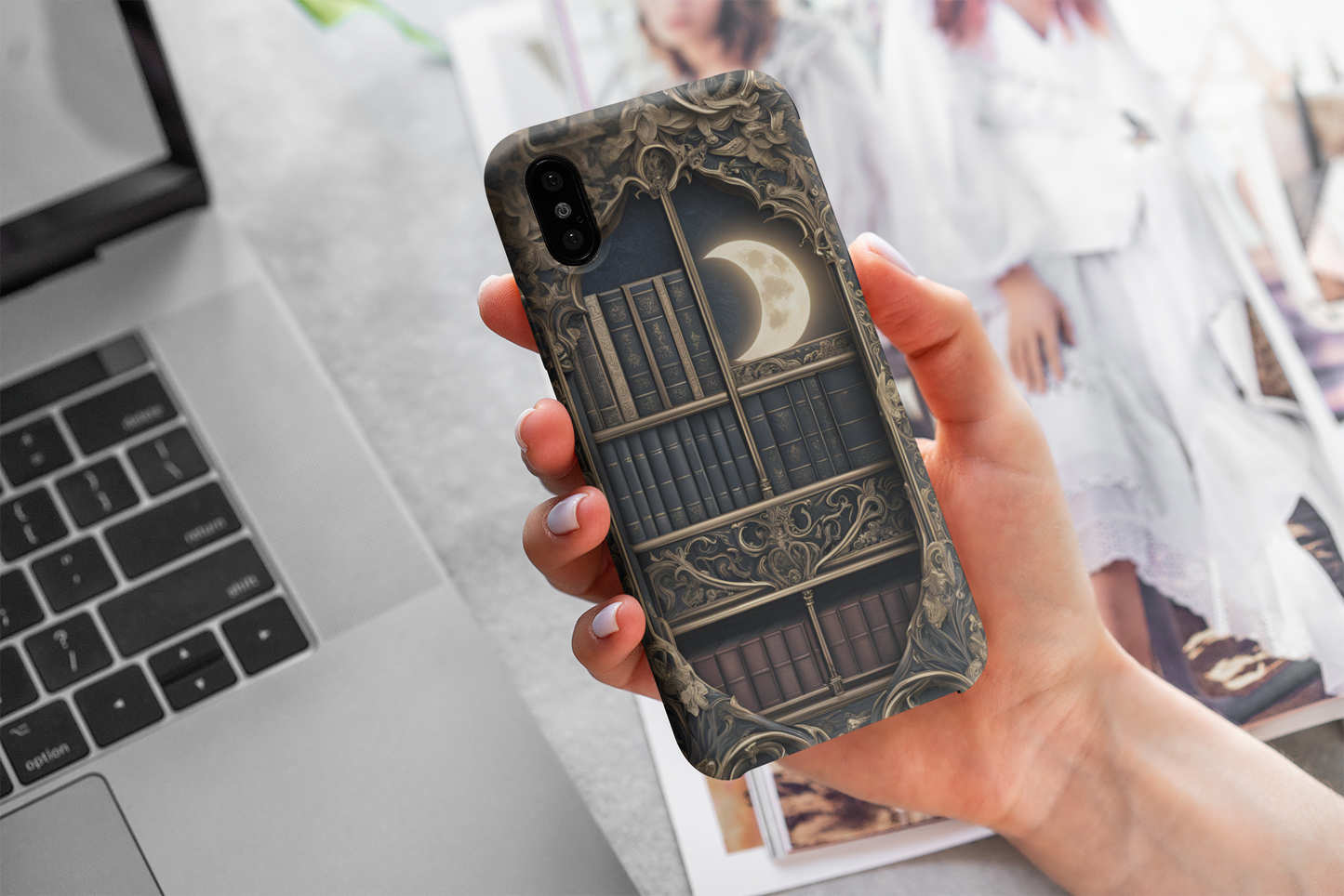 Gothic Bookshelf Phone Case, Gothic Library Crescent Moon Phone Case, Gothic Book Phone Case for Google, iPhone, and Samsung