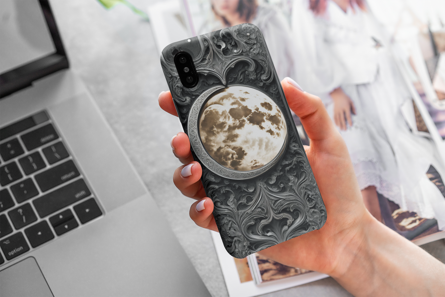 Celestial Crescent Moon Phone Case with Gothic Design, Gothic Style Crescent Moon Phone Case,  Crescent Moon Phone Case for Google, iPhone, and Samsung