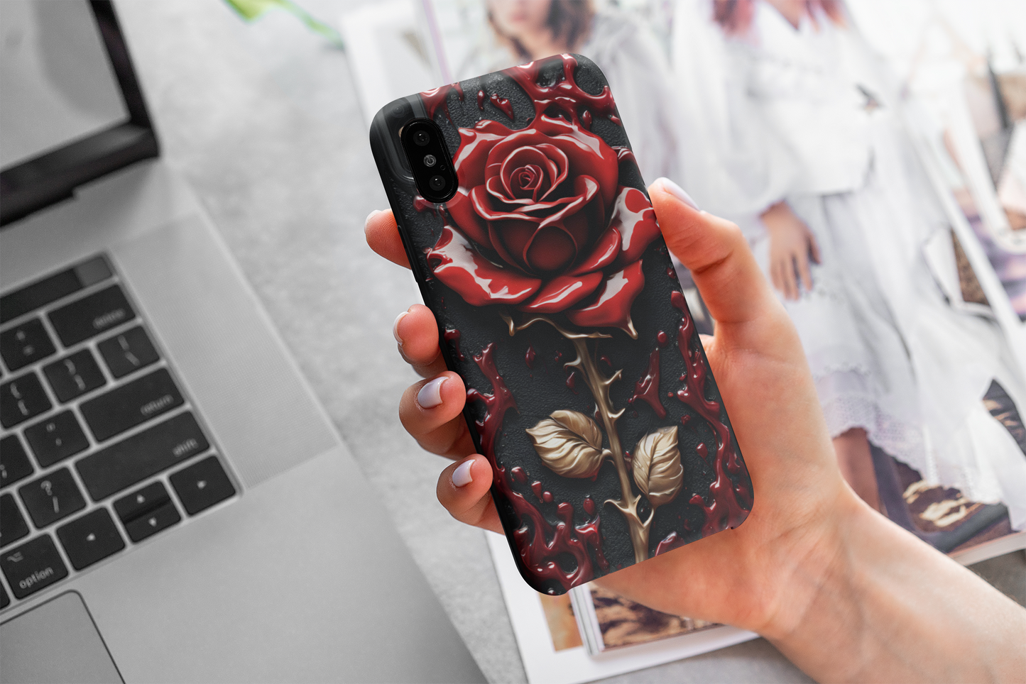 3D Gothic Red Rose Phone Case, Goth Style Dripping Blood Red Rose Phone Case for Google Pixel, iPhone, and Samsung