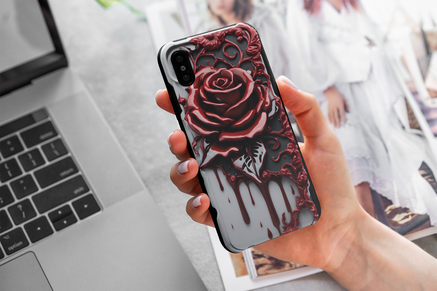 3D Gothic Red Rose Phone Case, Goth Style Dripping Blood Red Rose Phone Case for Google Pixel, iPhone, and Samsung