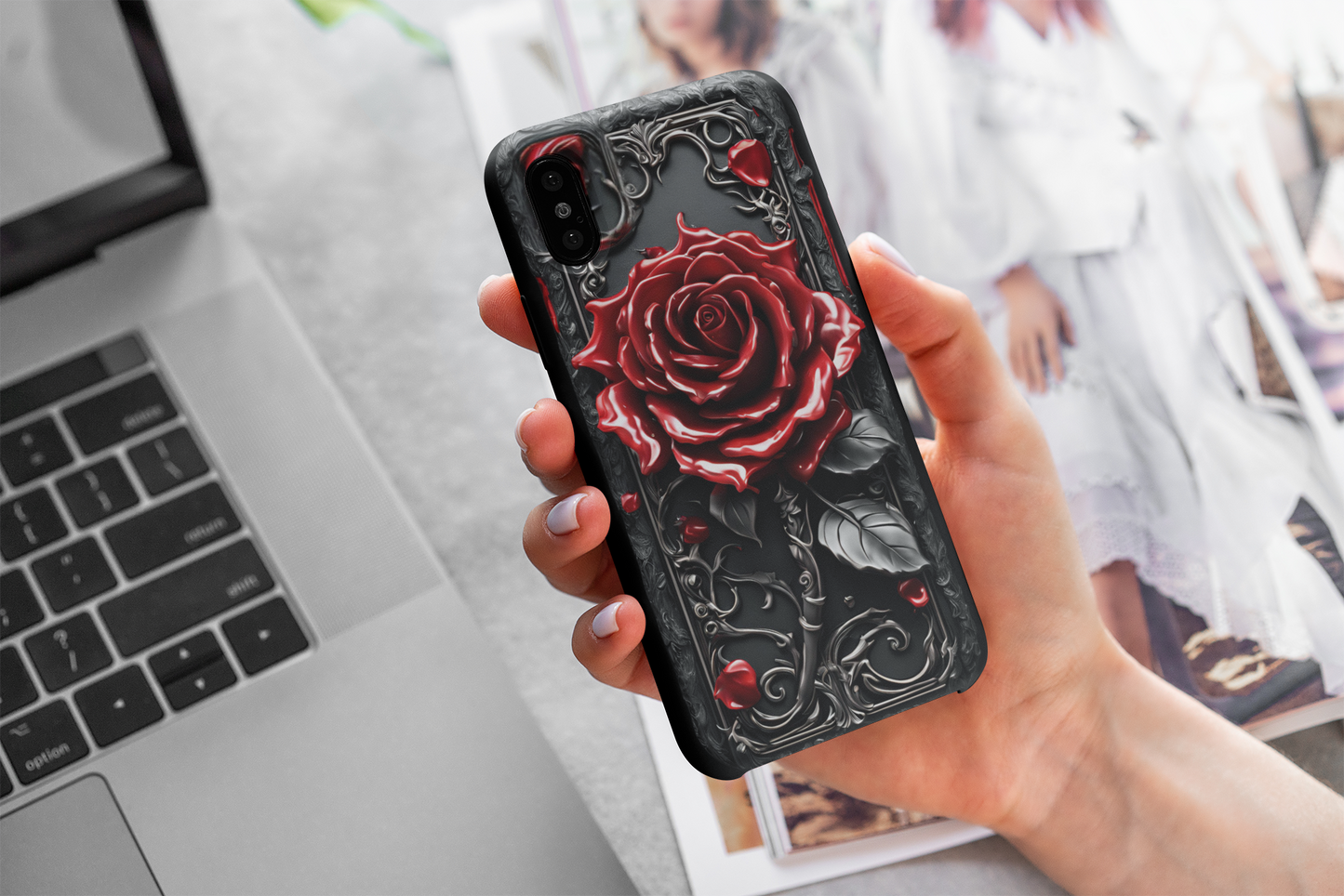 3D Gothic Dripping Red Rose Phone Case, Goth Style Red Rose Phone Case for Google Pixel, iPhone, and Samsung