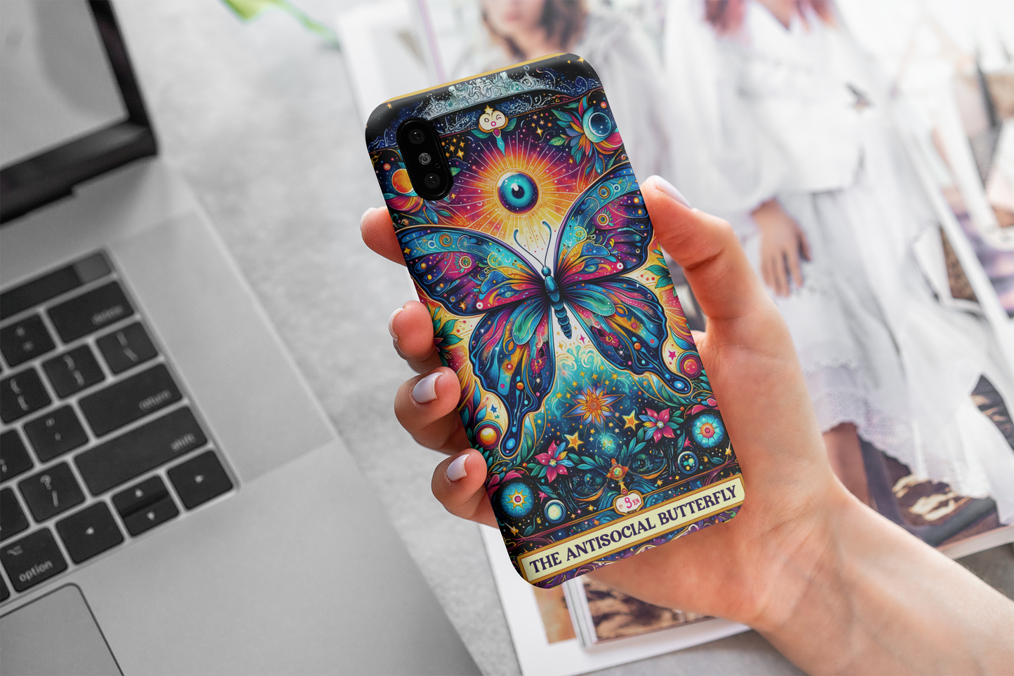 Vibrant Butterfly Phone Case - Colorful Tough Protector, Antisocial Butterfly Tarot Card Phone Case, Cosmic Butterfly tarot phone case for iPhone and Samsung, Celestial Butterfly Phone Case