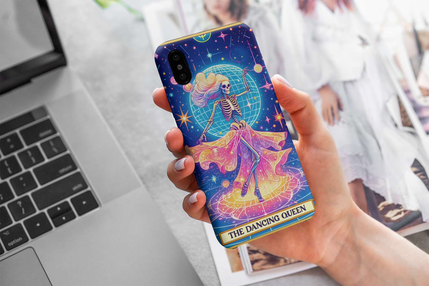 Celestial Dancing Skeleton Phone Case | Tough Cases for Halloween & Fun, The Dancing Queen Tarot Card Phone Case, Dancing Party Phone Case for iPhone and Samsung