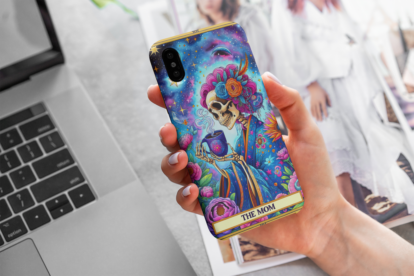 Vibrant Floral Skeleton Phone Case - Perfect Gift for Moms, The Mom Tarot Card Phone Case, Phone Case for Mother's Day, Cosmic Floral Phone Case for Mom