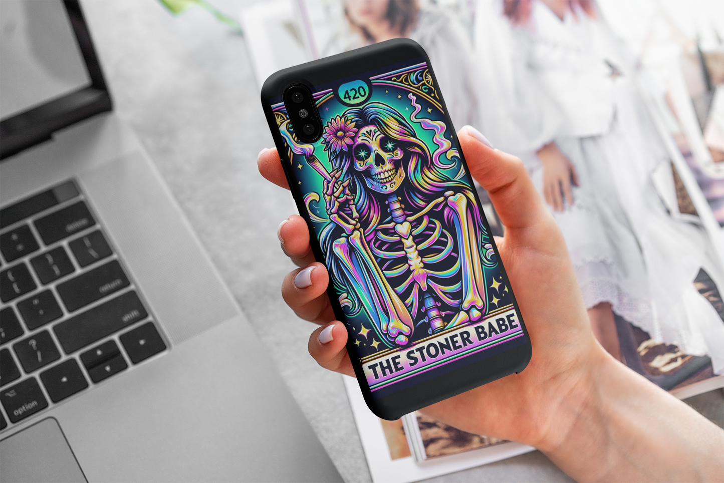 Stoner Babe Phone Case - Colorful Skeleton Design for Funky Vibes, 420 Babe Phone Case, Stoner Babe Tarot Card Phone Case, Weed Smoker Phone Case for her