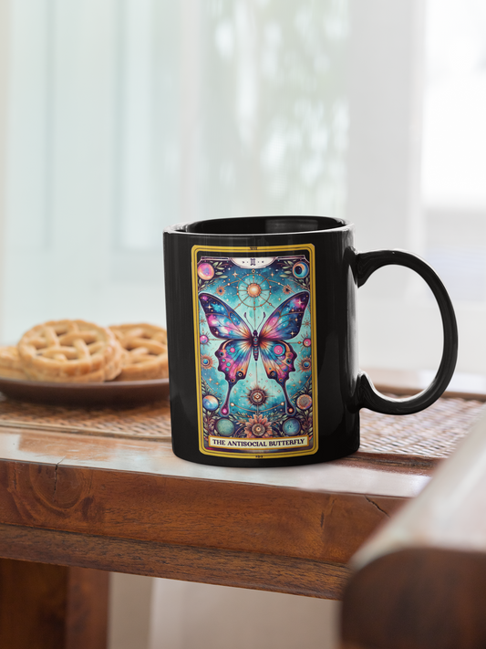 Antisocial Butterfly Black Mug – Colorful Art Coffee Cup for Enthusiasts, Antisocial Butterfly Mug, Butterfly Floral Coffee butterfly Tarot Card Mug, Cosmic Butterfly Coffee