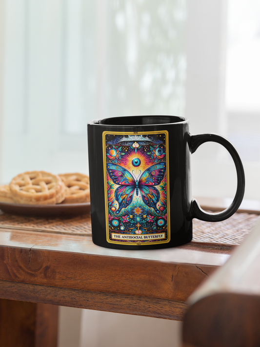 The Antisocial Butterfly Artistic Black Mug - 11oz & 15oz, Floral Butterfly Coffee Mug, Antisocial Butterfly Tarot Card Mug