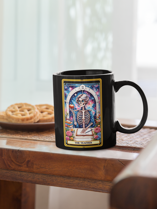 Teacher Themed Skeleton Mug | Black 11oz & 15oz Coffee Cup for Educators, The Teacher Tarot Card Coffee Mug, Back to School Coffee Mug for Teachers