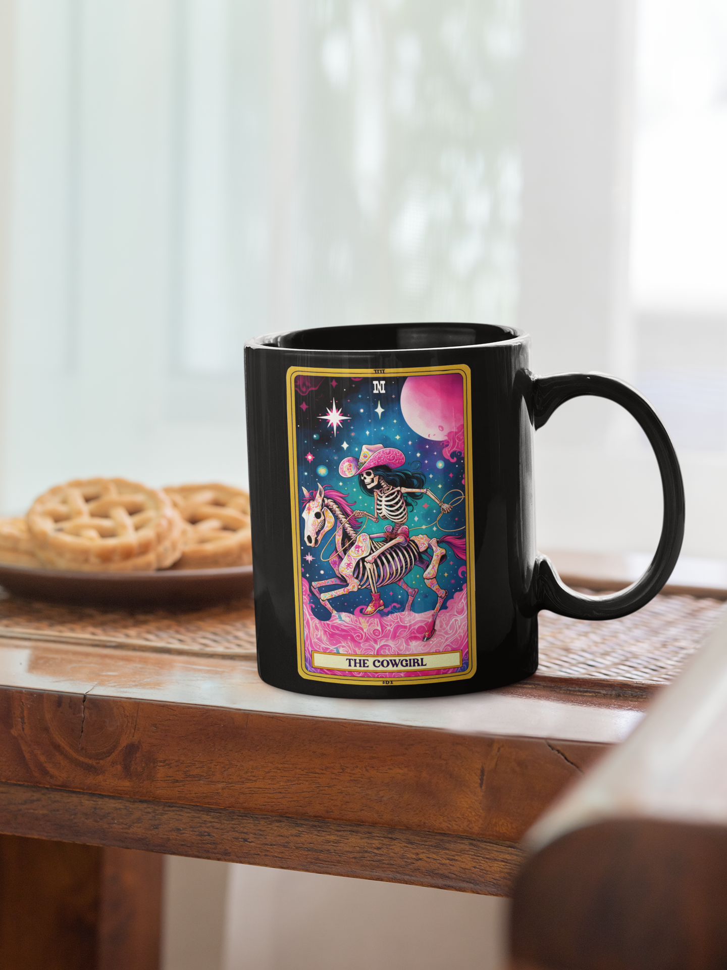 Cowgirl Skeleton Black Mug - 11oz & 15oz, Coffee Cup for Cowgirls, Western Style Coffee Mug for Her, Cowgirl Tarot Card Coffee Mug