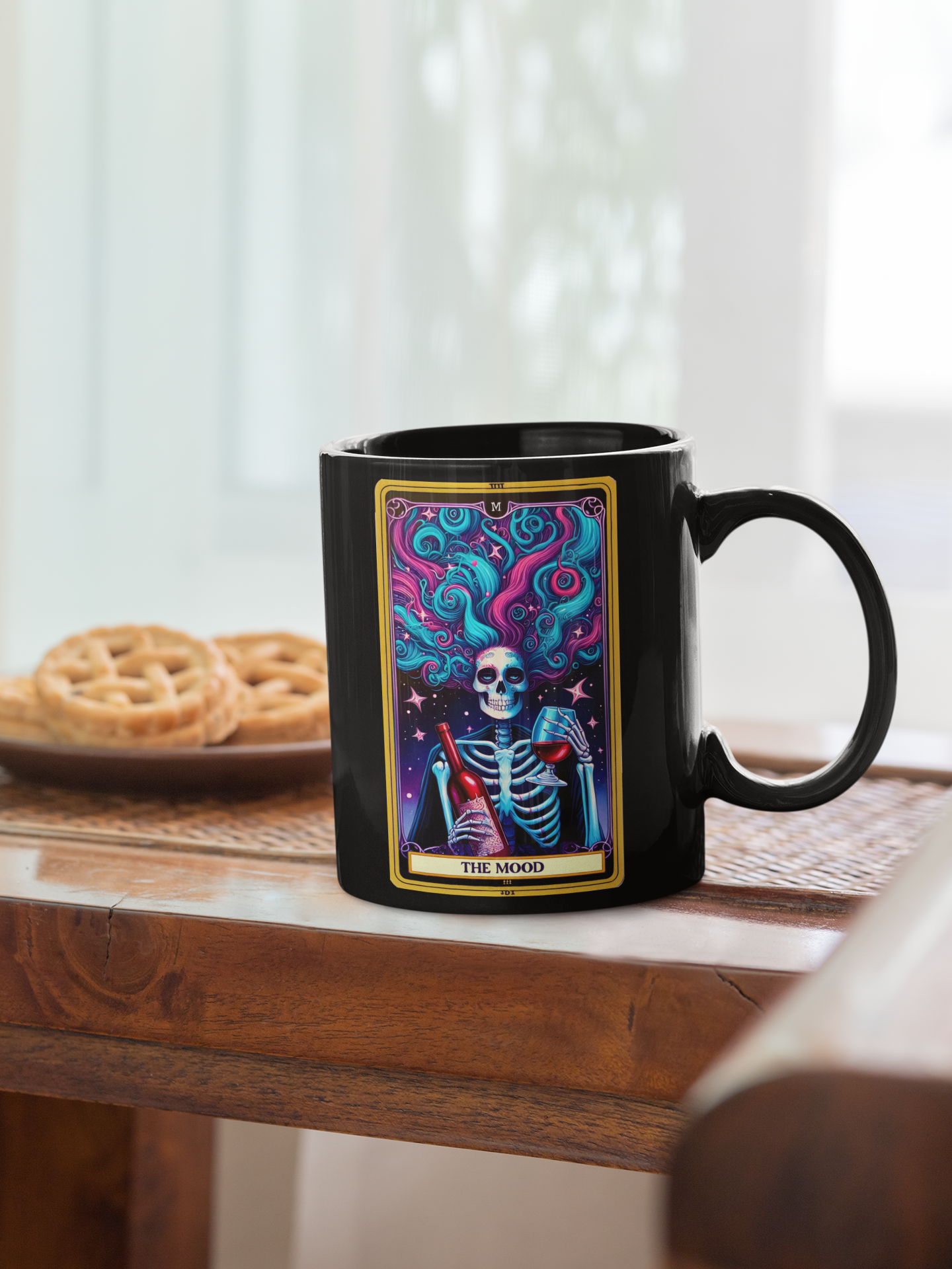 Vibrant Skull Themed Black Mug – Perfect for Celebrations & Gifting, The Mood Tarot Card Coffee Mug, Party Coffee Mug