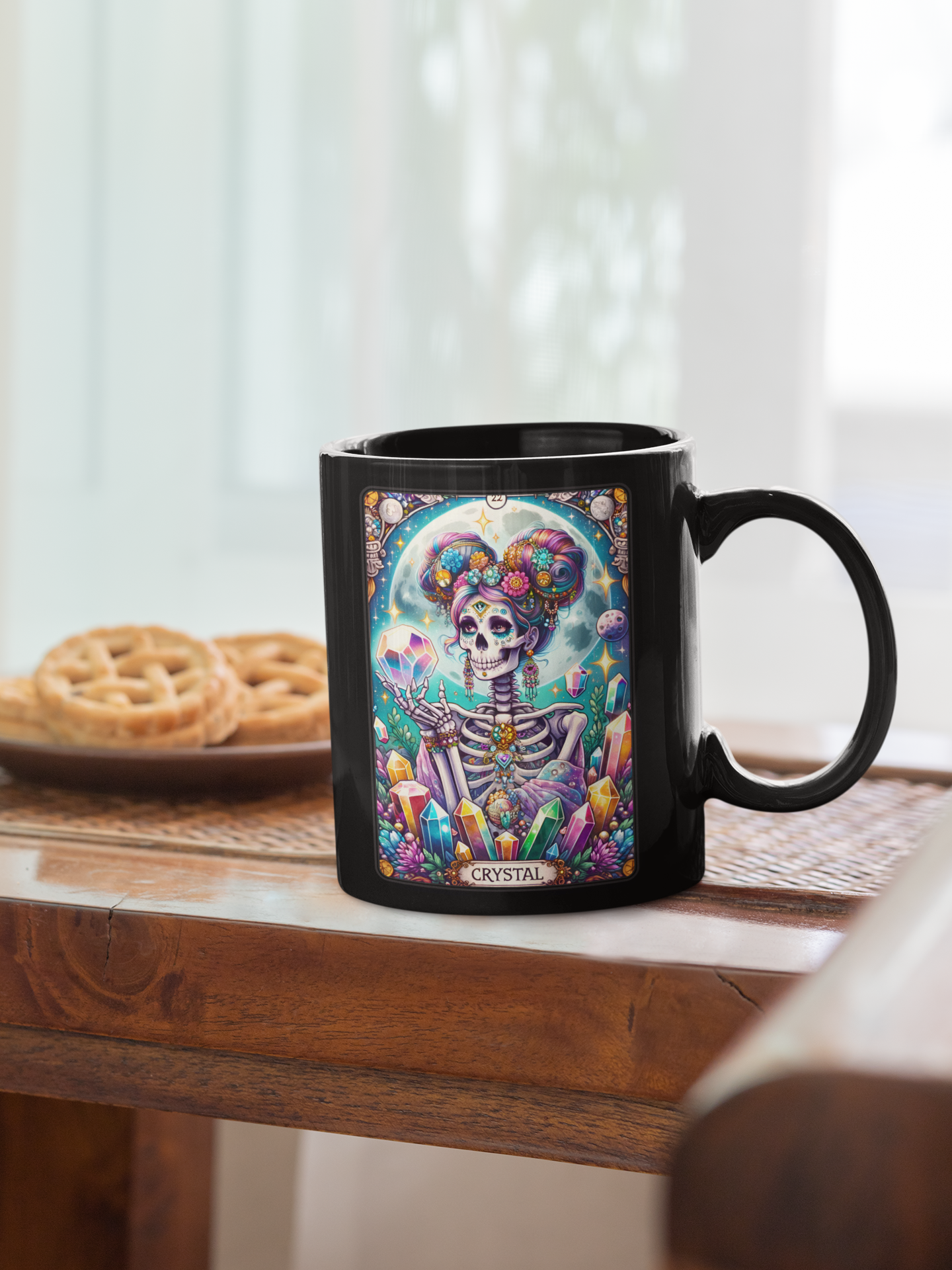 Crystal Skeleton Black Mug - Vibrant Art for Coffee Lovers, Coffee Mug for Crystal Lovers, Crystal Tarot Card Coffee Mug, Crystal Collector Coffee Mug