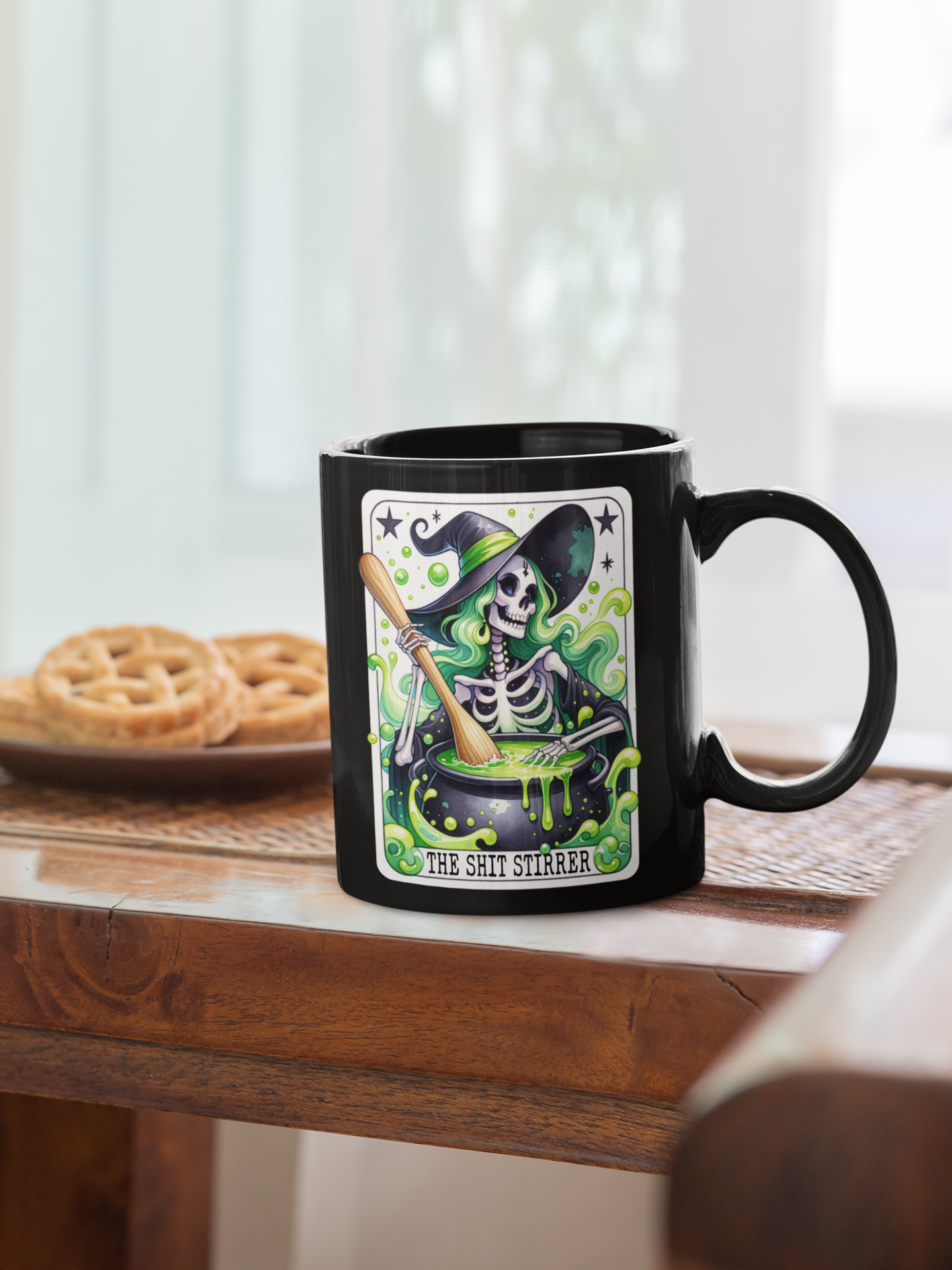 The Shit Stirrer Halloween Mug – Spooky Skeleton Design (11oz, 15oz), The Shit Stirrer Tarot Card Coffee Mug, Witchy Coffee Mug