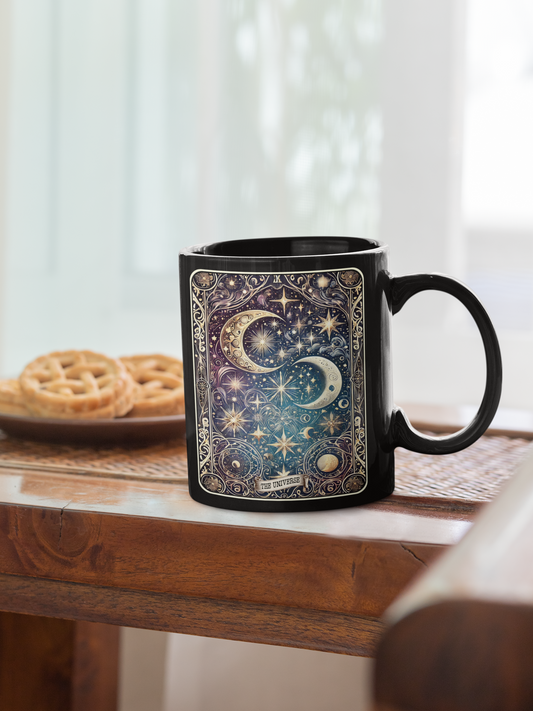 Cosmic Universe Black Mug - Celestial Design for Astrology Lovers, Celestial Coffee Mug, Moon Phase Coffee Mug, Mystical Coffee Mug