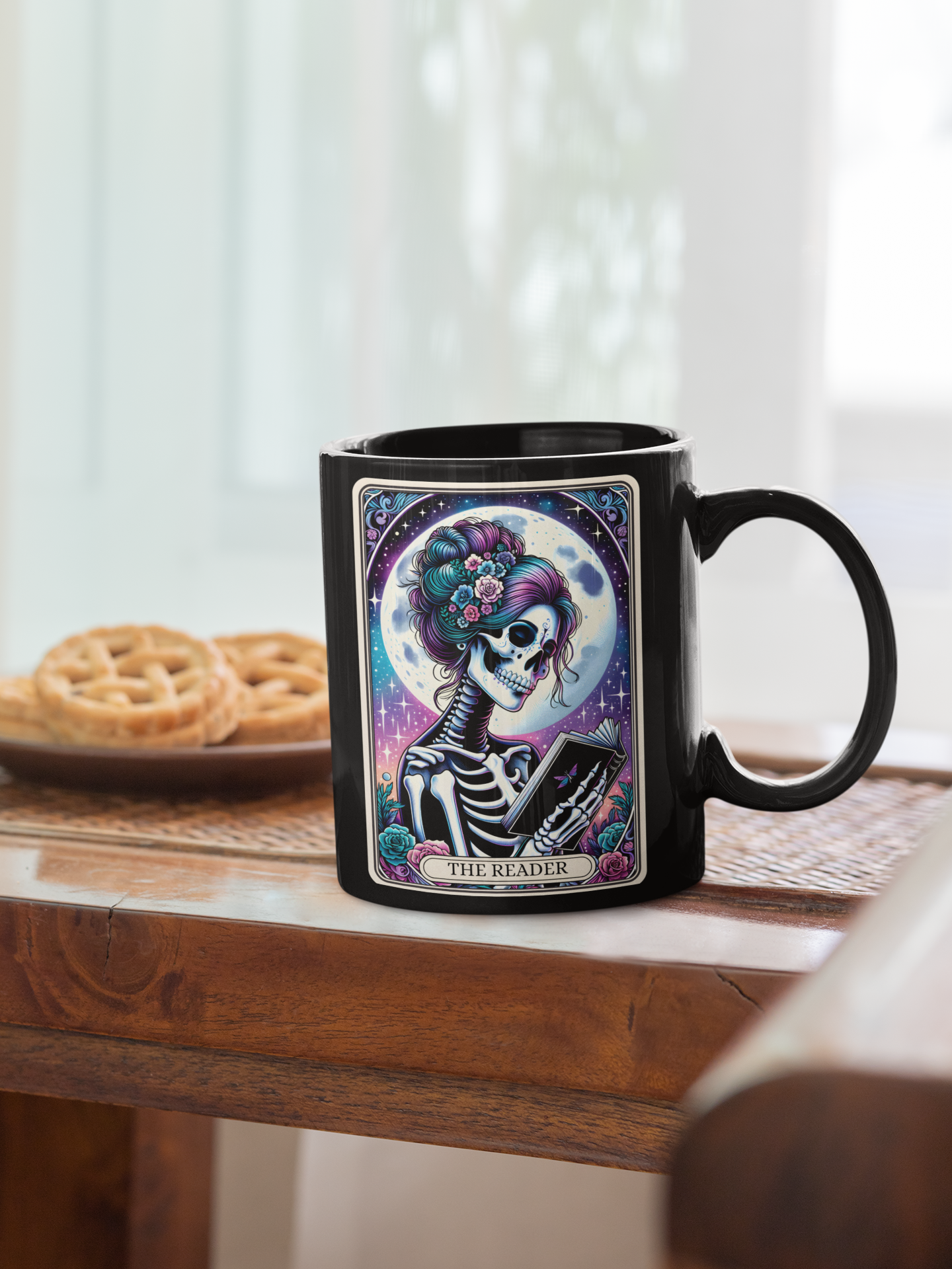 The Reader Skull Mug – Perfect Gift for Book Lovers and Halloween, The Reader Tarot Card Coffee Mug, Gothic Book Reader Coffee Mug