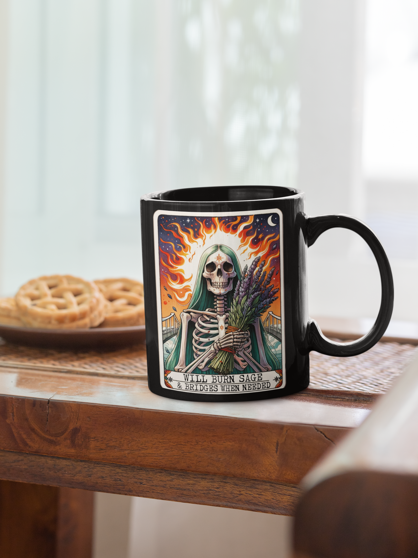 Skeletal Sage Black Mug - 'Will Burn Sage Bridges When Needed' - Unique Gift for Spiritual Souls & Occult Lovers, Witchy Tarot Card Coffee Mug