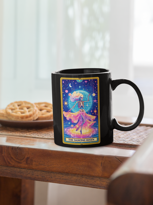 Dancing Queen Skeleton Mug - Colorful 11oz & 15oz Black Coffee Cup for Celebrations, Dancing Queen Tarot Card Coffee Mug,