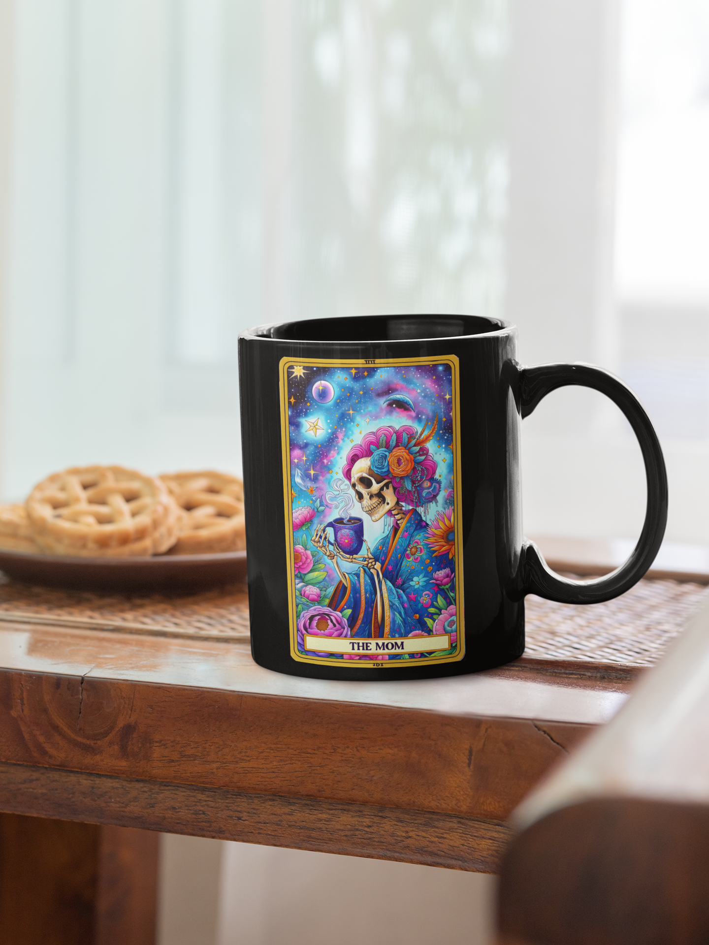 Colorful Skull Themed Black Mug for Moms - Perfect Gift for Mother's Day & Celebrations, The Mom Tarot Card Coffee Mug