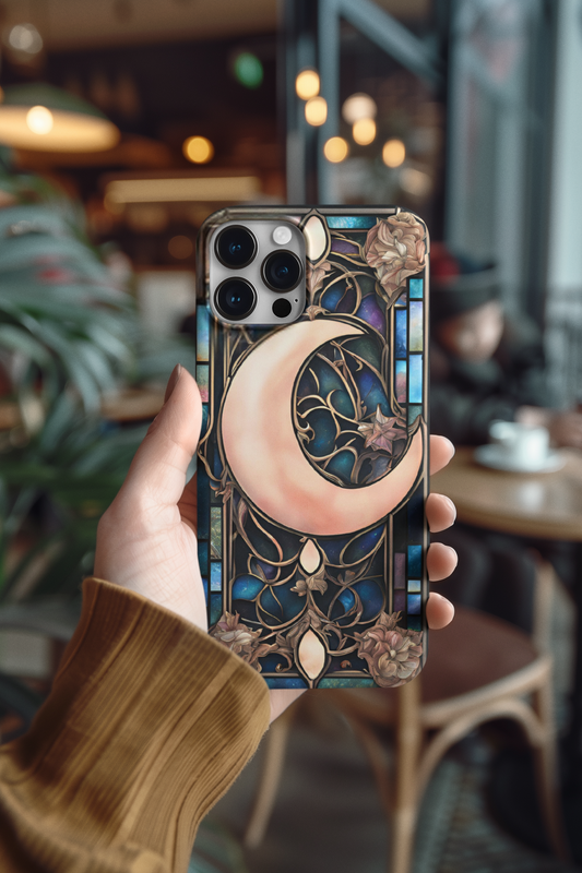 Artistic Moon & Floral Phone Case - Tough Cases,   Celestial Glass Stained design  Phone case for iPhone and Samsung, Glass Stained Crescent Moon iPhone and Samsung Phone Case