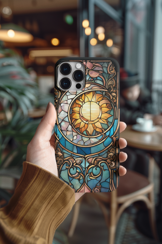 Artistic Moon & Floral Phone Case - Tough Cases,   Celestial Glass Stained design  Phone case for iPhone and Samsung, Glass Stained Crescent Moon iPhone and Samsung Phone Case