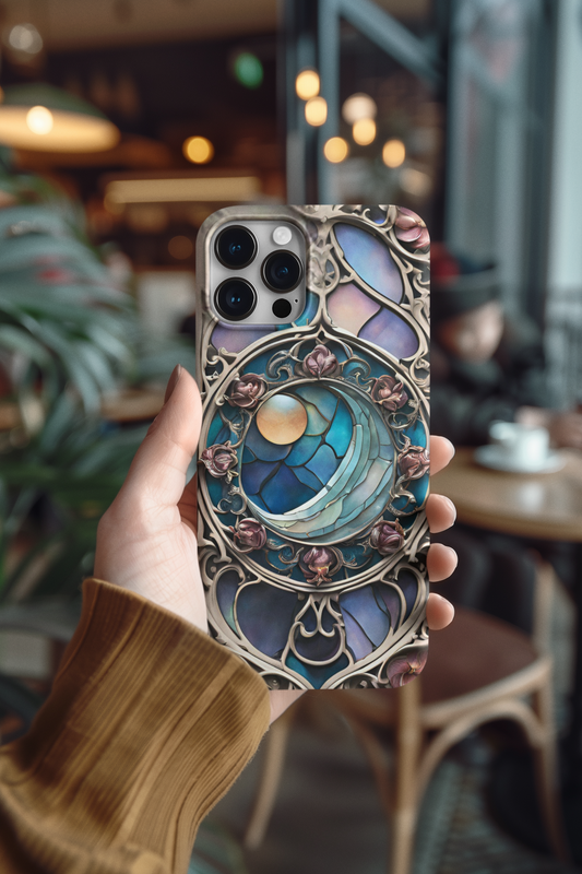 Artistic Moon & Floral Phone Case - Tough Cases,   Celestial Glass Stained design  Phone case for iPhone and Samsung, Glass Stained Crescent Moon iPhone and Samsung Phone Case