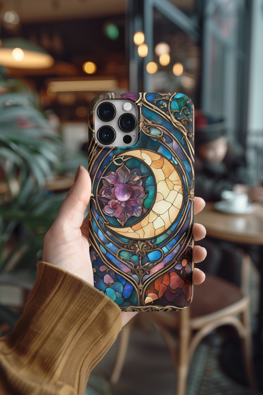 Artistic Moon & Floral Phone Case - Tough Cases,   Celestial Glass Stained design  Phone case for iPhone and Samsung, Glass Stained Crescent Moon iPhone and Samsung Phone Case