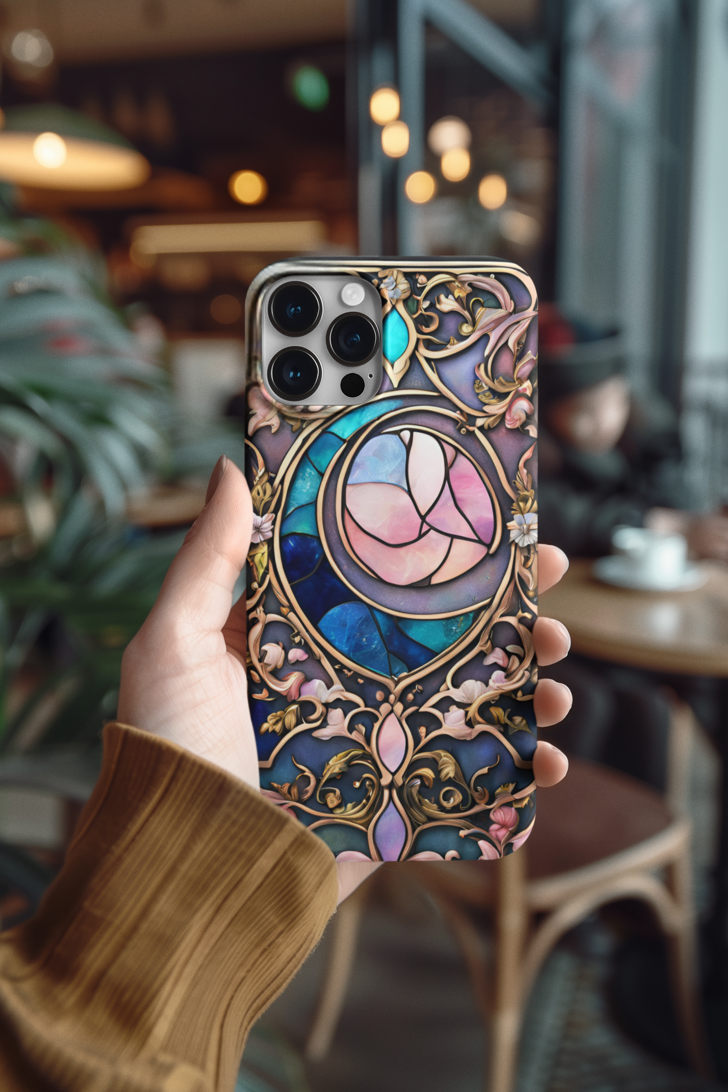 Artistic Moon & Floral Phone Case - Tough Cases,   Celestial Glass Stained design  Phone case for iPhone and Samsung, Glass Stained Crescent Moon iPhone and Samsung Phone Case