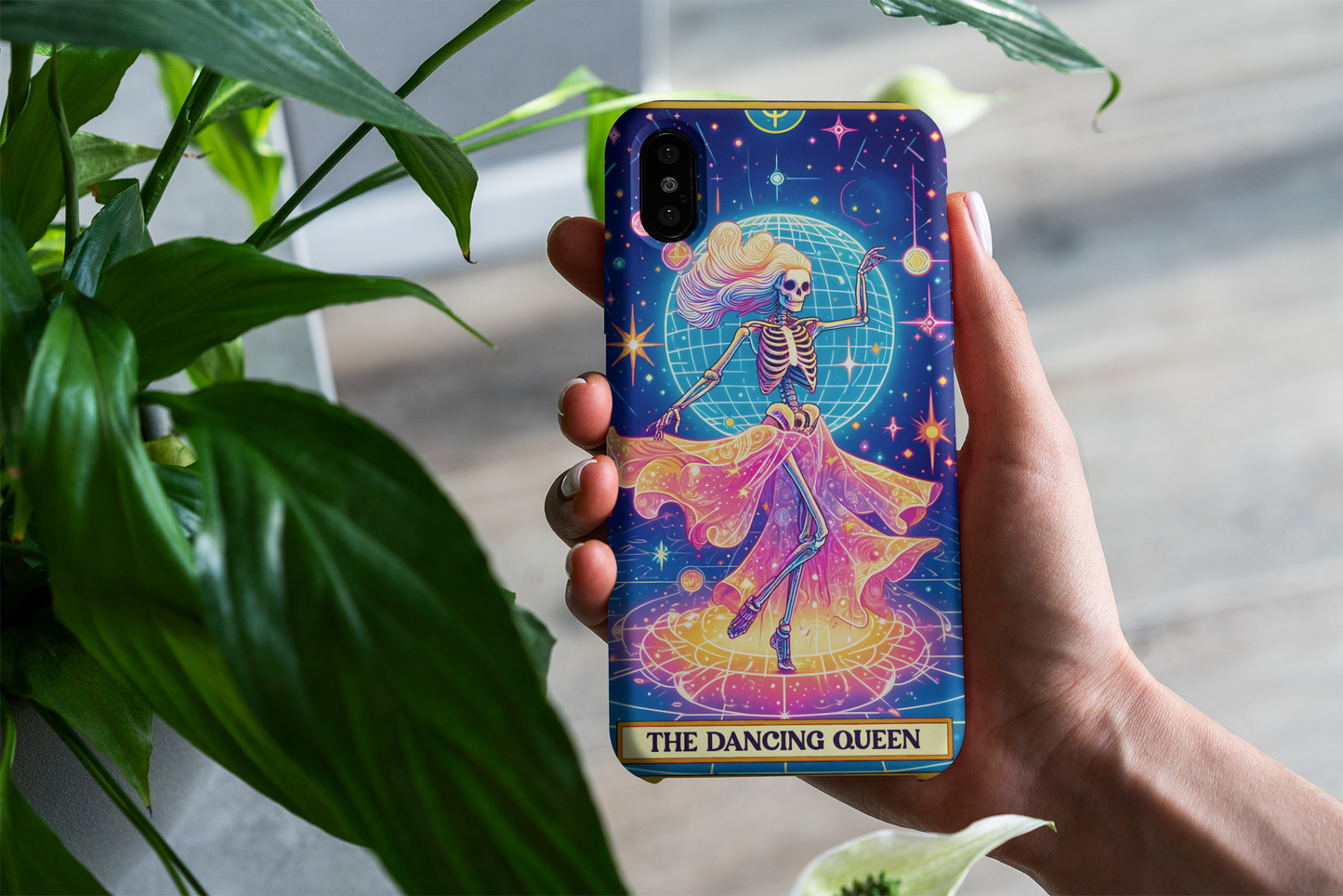 Celestial Dancing Skeleton Phone Case | Tough Cases for Halloween & Fun, The Dancing Queen Tarot Card Phone Case, Dancing Party Phone Case for iPhone and Samsung