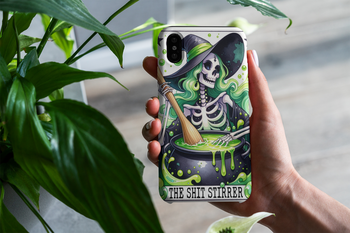 Gothic Phone Case - 'The Shit Stirrer' Skeleton Design for Halloween Lovers, The Shit Stirrer Tarot Card Phone Case, Witchy Phone for iPhone and Samsung