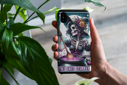 Gothic Phone Case - 'The Shit Stirrer' Skeleton Design for Halloween Lovers, The Shit Stirrer Tarot Card Phone Case, Witchy Phone for iPhone and Samsung