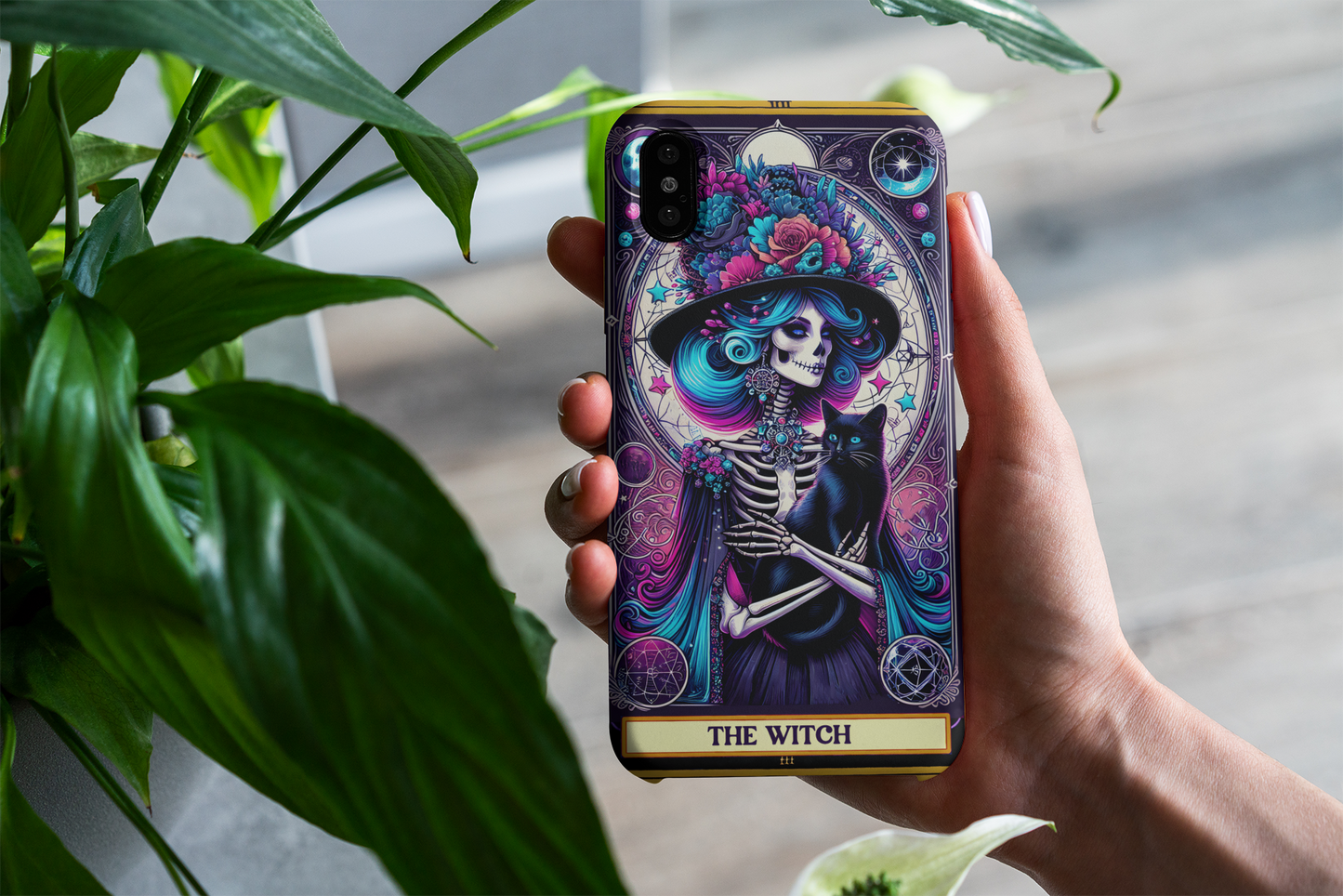 Witchy Phone Case - Artistic Skeleton with Cat Design, The Witch Tarot Card Phone Case, Witchy Phone Case for iPhone and Samsung