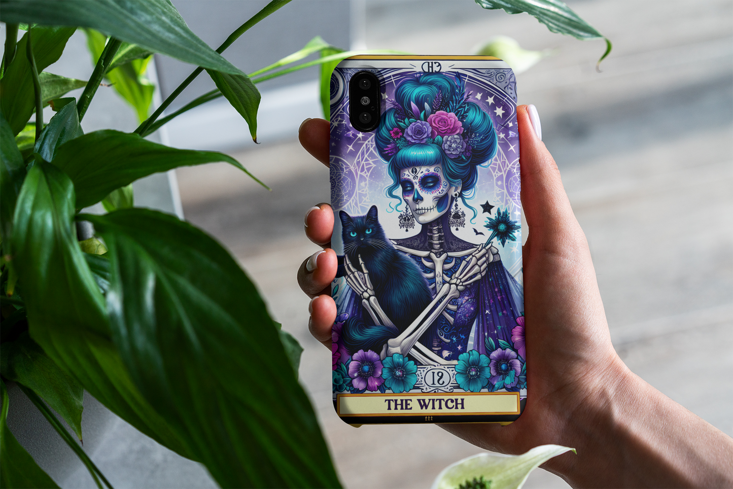 Witchy Phone Case - Artistic Skeleton with Cat Design, The Witch Tarot Card Phone Case, Witchy Phone Case for iPhone and Samsung