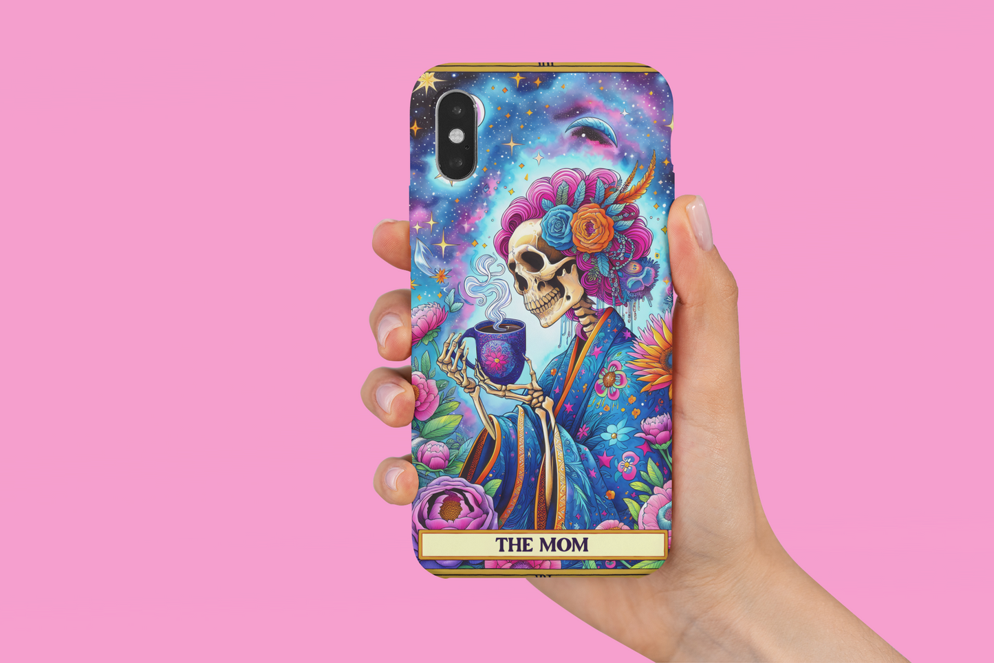 Vibrant Floral Skeleton Phone Case - Perfect Gift for Moms, The Mom Tarot Card Phone Case, Phone Case for Mother's Day, Cosmic Floral Phone Case for Mom