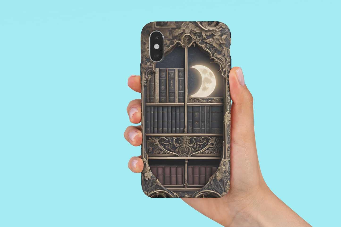 Gothic Bookshelf Phone Case, Gothic Library Crescent Moon Phone Case, Gothic Book Phone Case for Google, iPhone, and Samsung