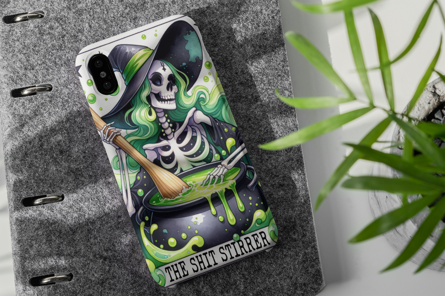 Gothic Phone Case - 'The Shit Stirrer' Skeleton Design for Halloween Lovers, The Shit Stirrer Tarot Card Phone Case, Witchy Phone for iPhone and Samsung